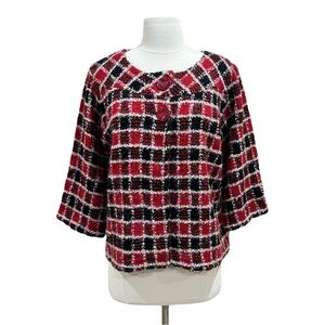 Christopher & Banks Red and Black Knit Plaid Buttoned Cardigan Size Large